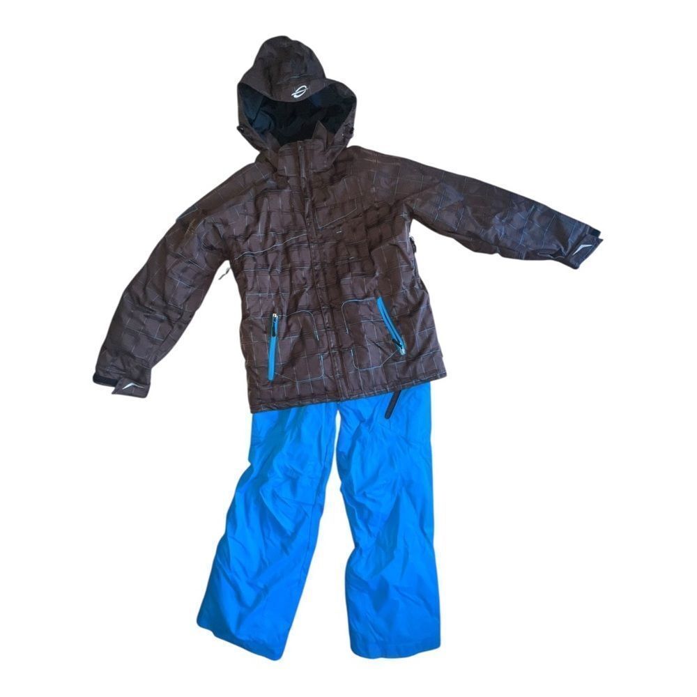 Obermeyer Junior Boys Brown Plaid Ice Man Jacket & Matching Blue Rewind Pants 16